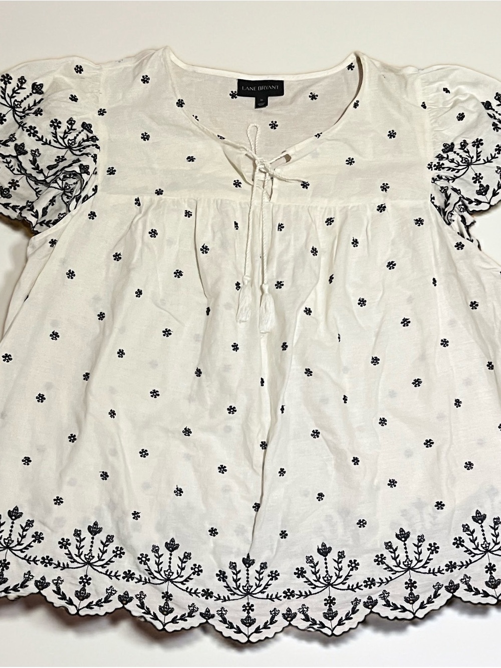 Lane Bryant White Cotton-Linen Blouse with Black Embroidery